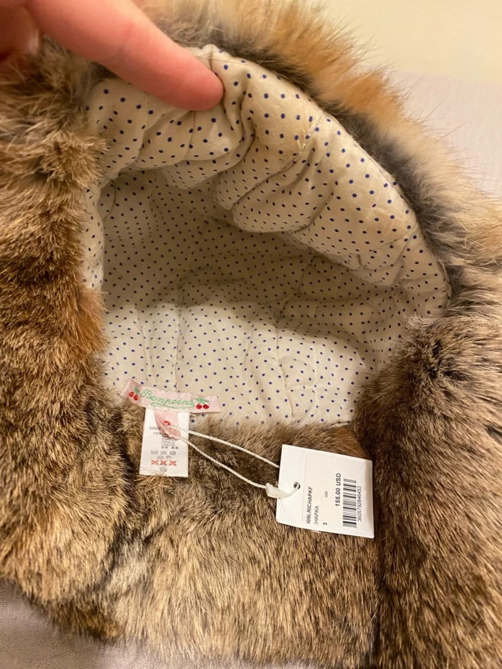 Bonpoint Rabbit Fur Trapper Hat in Natural Brown. Size 3